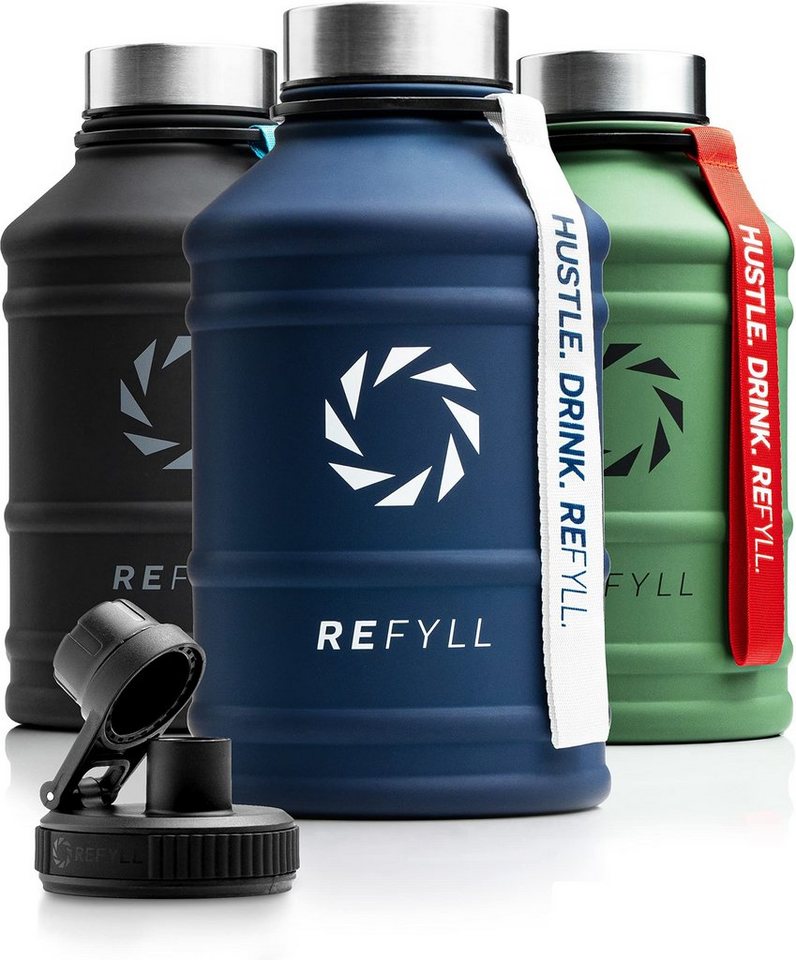 REFYLL Trinkflasche Edelstahl Trinkflasche Hero 1,3L und 2,2L, Auslaufsicher, robust, Fitness Trinkflasche für Sport, Gym, Water Jug auslaufsicher von REFYLL