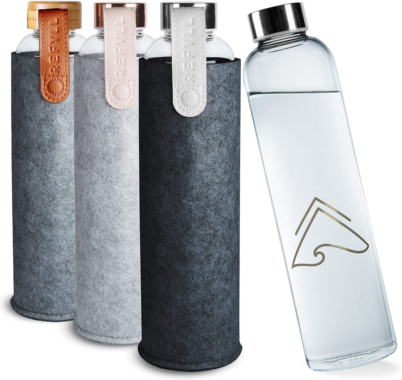 REFYLL Trinkflasche Trinkflasche pureFyll" 750ml I Glasflasche mit Filzhülle I BPA-frei, mit Schutzhülle I Designer Wasserflasche 0,75L mit Cover" von REFYLL