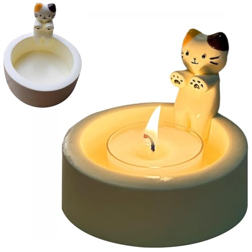 Katzen Kerzenhalter wärmenden, Cat Candle Holder Teelichthalter, Niedliche Katzen Stumpen Perzenhalter Ornamente, Katzenliebhaber Schlafzimmer Deko Tischdeko (Kätzchen-Teelicht Kerzenhalter B) von REGAPOG