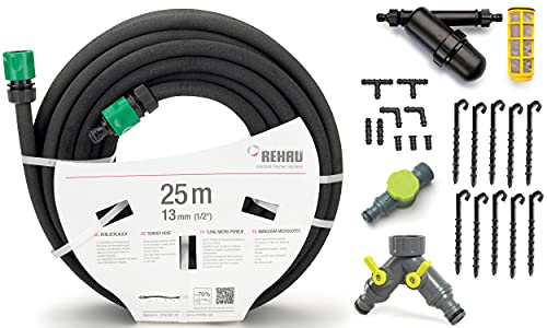 REHAU Tröpfchenbewässerung Set All-in-one: 25m Perlschlauch, Anschlussstücke, Befestigungsanker, Wasserfilter, Durchflussminderer, 2-Wege-Verteiler | Tropfschlauch Bewässerung von REHAU