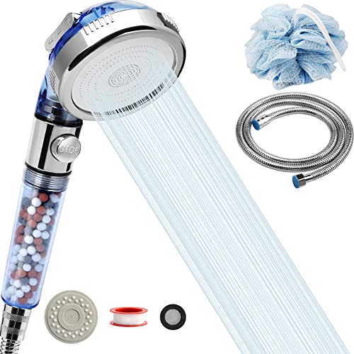Hochdruck-Duschkopf mit Schlauch, REHAVE Wassersparender RV Handbrause Duschkopf Duschbrause 3 Modi, Handbrause Duschköpfe für trockene Haut Haarausfall, reinigende Filtration Mineralstein Perlen von REHAVE