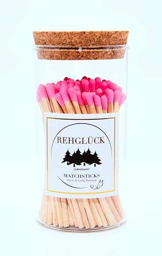 REHGLÜCK Schwarzwald, Zylinderglas mit Korkverschluss gefüllt mit ca.100 10 cm langen Streichhölzern (Zylinderglas mit Korkverschluss - Streichholzkopffarbe: magenta) von REHGLÜCK Schwarzwald