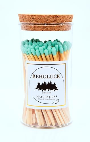 REHGLÜCK Schwarzwald, Zylinderglas mit Korkverschluss gefüllt mit ca.100 10 cm Langen Streichhölzern (Zylinderglas mit Korkverschluss - Streichholzkopffarbe: mintgrün) von REHGLÜCK Schwarzwald