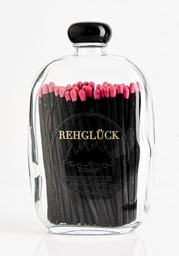 REHGLÜCK Schwarzwald, dekorative Flasche gefüllt mit ca. 80 10 cm langen Streichhölzern (Taschenflasche mit schwarzem Deckel - Streichhölzer: schwarzer Body - pinker Kopf) von REHGLÜCK Schwarzwald