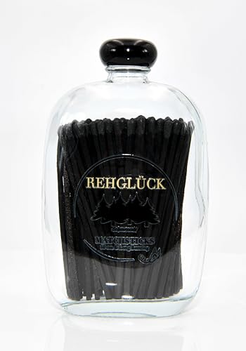 REHGLÜCK Schwarzwald, dekorative Flasche gefüllt mit ca. 80 10 cm langen Streichhölzern (Taschenflasche mit schwarzem Deckel - Streichhölzer: schwarzer Body - schwarzer Kopf) von REHGLÜCK Schwarzwald