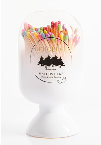 REHGLÜCK Schwarzwald, dekorative Glasglocke gefüllt mit ca. 120 10 cm Langen Streichhölzern, inklusive Zündfläche (Weiße Glasglocke - Streichhölzer: holzfarbener Body, Bunte Köpfe) von REHGLÜCK Schwarzwald