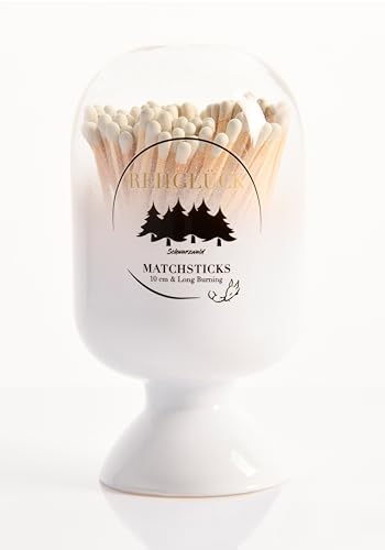 REHGLÜCK Schwarzwald, dekorative Glasglocke gefüllt mit ca. 120 10 cm Langen Streichhölzern, inklusive Zündfläche (Weiße Glasglocke - Streichhölzer: holzfarbener Body, weißer Kopf) von REHGLÜCK Schwarzwald