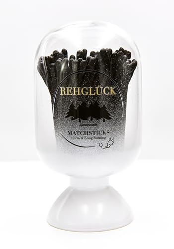REHGLÜCK Schwarzwald, dekorative Glasglocke gefüllt mit ca. 120 10 cm Langen Streichhölzern, inklusive Zündfläche (Weiße Glasglocke - Streichhölzer: schwarzer Body, schwarzer Kopf) von REHGLÜCK Schwarzwald
