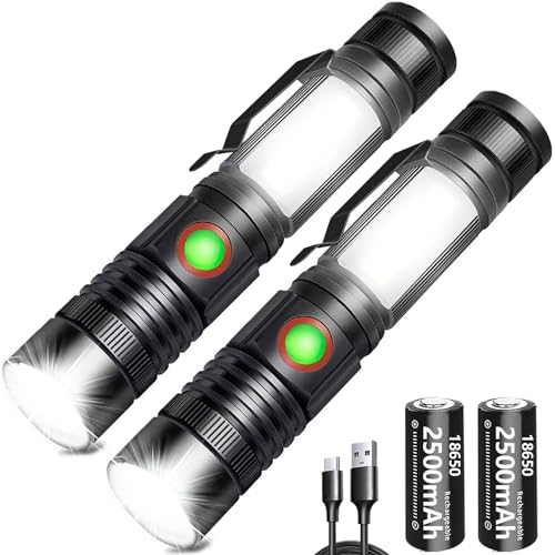 REHKITTZ LED Taschenlampe Extrem Hell 2000 Lumen, 2500 mAh Hochkapazitative USB Wiederaufladbare Multifunktions Taschenformat Taschenlampe mit Magnet und COB Arbeitsleuchte,Zoombar Handlampe(2 Stück) von REHKITTZ