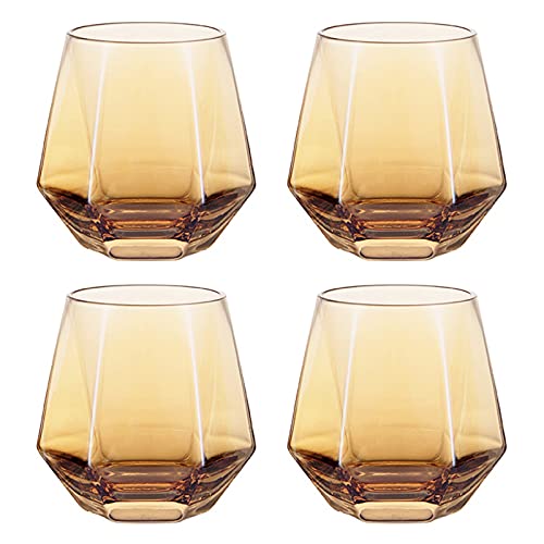 300ml Diamant Whiskey Gläser Set, Klar Geometrisch Modisch Wassersaft Tumbler Gekippt Scotch Glas Modern Look Glaswaren für Glas für Saft, Whiskey, Scotch, Bourbon,Brown-2 (Brown-4) von REHON