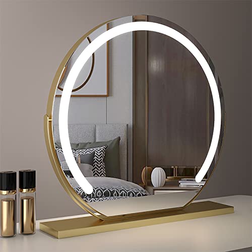 REIFNA Schminkspiegel mit Beleuchtung,um 360° Drehbar,Tischspiegel FüR Schlaf-und Ankleidezimmer,Spiegel 60cm,Smarter Tisch-Schminkspiegel mit Induktivem Touch-Schalter (Color : Gold, Size : 60x60cm) von REIFNA