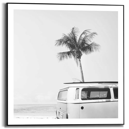 REINDERS Gerahmtes Bild Vintage VW Bully Palme - Meer - Freiheit - Surfen - Strand - Slim Frame MDF 50 x 50 cm Schwarz-Weiß Home Office Black & White von REINDERS