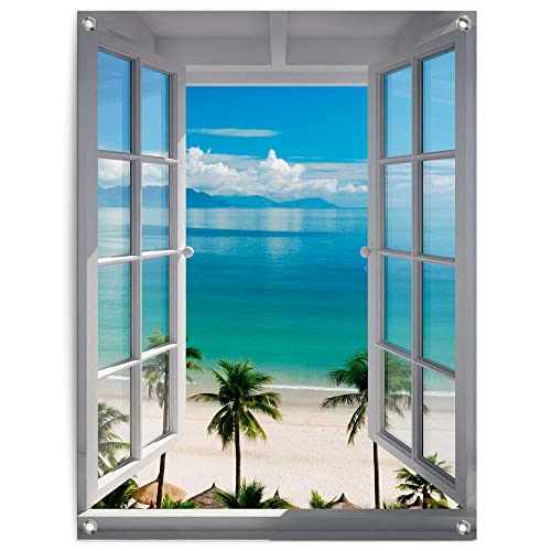 REINDERS Gartendeko Fenster zum Strand Strandbilder - Meer - Strand - Tropisch - Leinwand 60 x 80 cm Blau Garten Strand von REINDERS