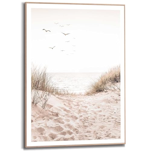 REINDERS Gerahmtes Bild Dünen Strand - Gras - Fußspuren - Freiheit - Vögel - Slim Frame MDF 50 x 70 cm Khaki Wohnzimmer Beach Nature von REINDERS