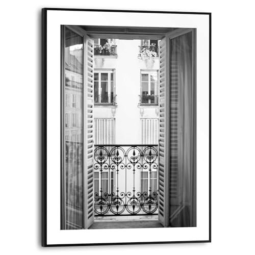 REINDERS Gerahmtes Bild Französischer Balkon Frankreich - Strasse - Vintage - Slim Frame MDF 30 x 40 cm Schwarz-Weiß Wohnzimmer Black & White von REINDERS