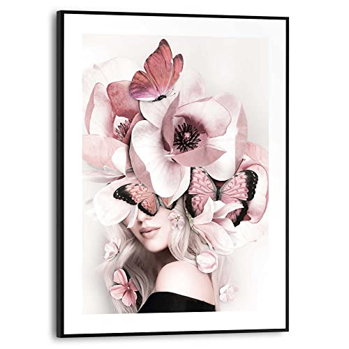 REINDERS Gerahmtes Bild Schmetterlingsdame Blumen - Flora - Romantisch - Mysteriös - Slim Frame MDF 30 x 40 cm Rosa Wohnzimmer Blumen und Pflanzen von REINDERS