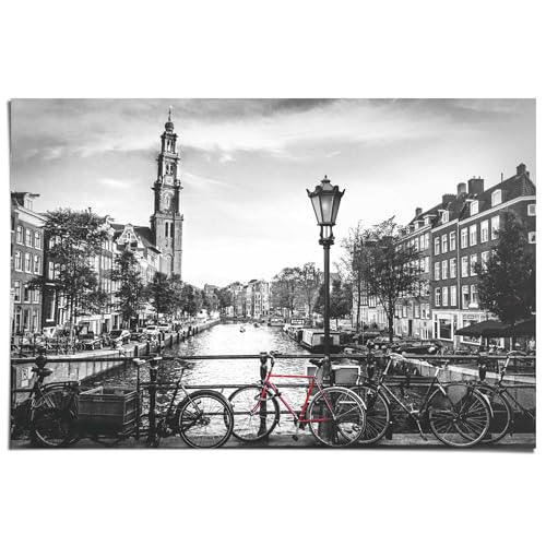 REINDERS Poster Die Grachten von Amsterdam Brücke - Fahrrad - Stadt - Die Niederlande - Papier 91.5 x 61 cm Schwarz-Weiß Wohnzimmer Städte und Länder von REINDERS