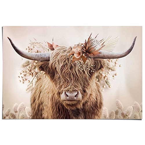 REINDERS Poster Highlander in Blumen Schottischer Hochländer - Flora - Papier 91.5 x 61 cm Beige Wohnzimmer Tiere von REINDERS