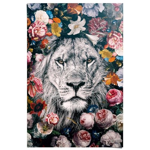 REINDERS Poster Löwe Blumenkranz - Pflanzen - Farbenfroh - Papier 61 x 91.5 cm Mehrfarbig Wohnzimmer Tiere von REINDERS