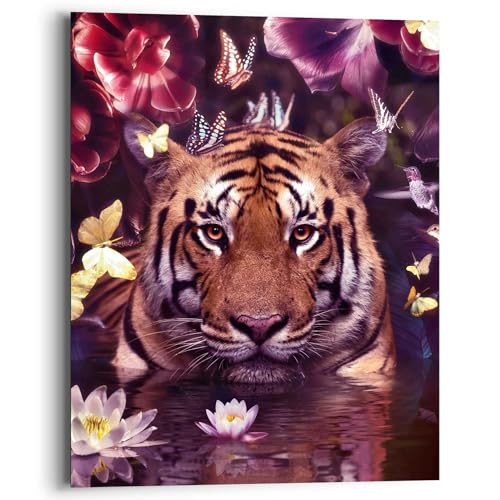 REINDERS Wandbild Flora Tiger Blumen - Schmetterlinge - Seerosen - Kolibri - Deco Panel Holz 40 x 50 cm Lila Teenager Zimmer Tiere von REINDERS