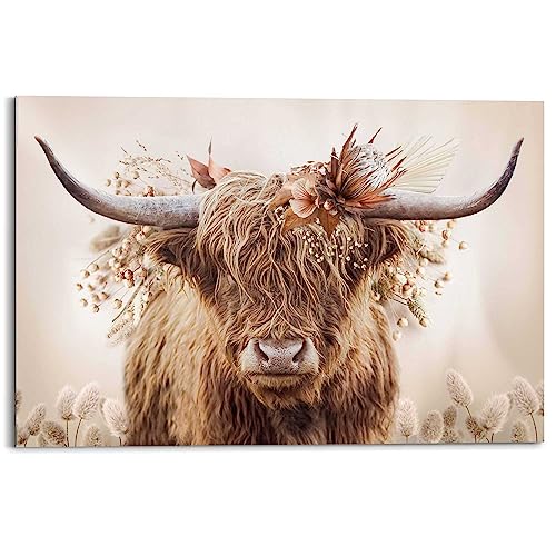 REINDERS Wandbild Highlander in Blumen Schottischer Hochländer - Flora - Deco Panel Holz 90 x 60 cm Beige Wohnzimmer Tiere von REINDERS