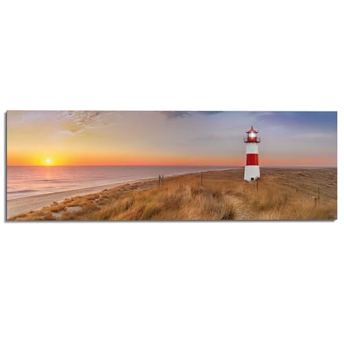 REINDERS Wandbild Leuchtturm Nordsee - Sonnenuntergang - Strandbild - Meer - Dünen - Deco Panel Holz 156 x 52 cm Mehrfarbig Wohnzimmer Strand von REINDERS