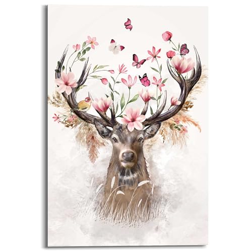 REINDERS Wandbild Hirsch in Blumen Schmetterling - Vogel - Romantisch - Deco Panel Holz 60 x 90 cm Rosa Schlafzimmer Tiere von REINDERS