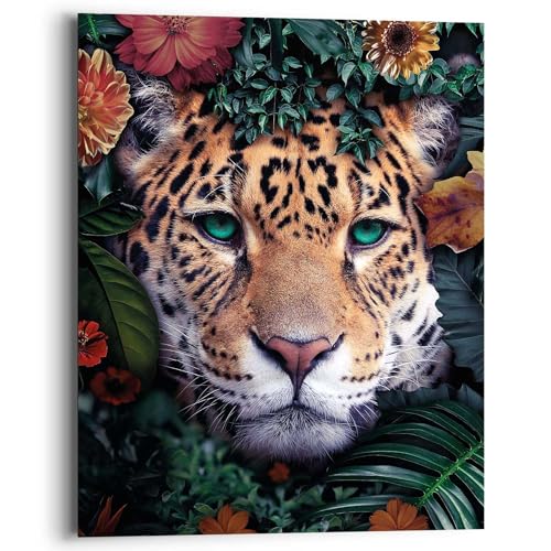 REINDERS Wandbild Leopard Blumen - Pflanzen - Farbenfroh - Tiermotiv - Deco Panel MDF 40 x 50 cm Mehrfarbig Schlafzimmer Tiere von REINDERS