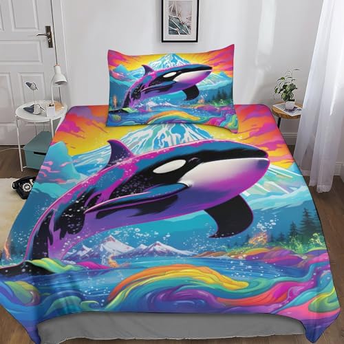 REIPOL Colourful Orca 3D Druck Bettwäsche Weiches Mikrofaser Bettbezug-Set- Für Erwachsene Teenager Kinder 3 Stück Mit Reißverschluss Cartoon Animals Bettbezug-Set Und Kissenbezug Single（135x200cm） von REIPOL