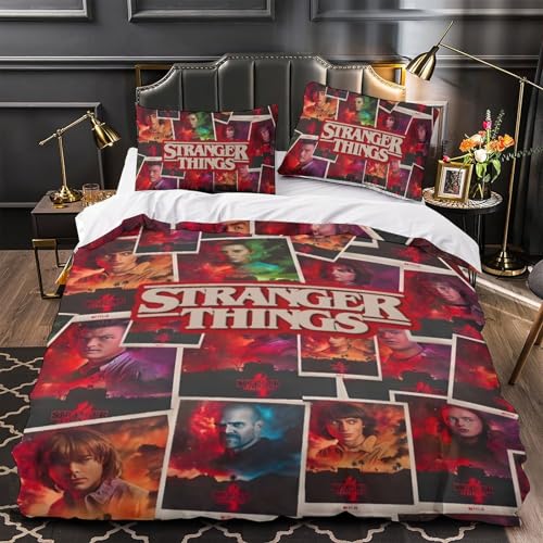 Stranger Things Bettbezug Set 3D Gedruckter Fernsehserien Mädchen Junge Kinder Bettwäschegarnitur Bettwäsche Und Kissenbezüge Reissverschluss Weich Microfaser 3 Teilig King（220x240cm） von REIPOL