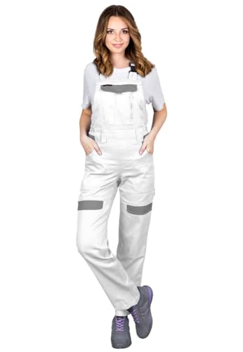 CORTON-L-B Damen-Schutzlatzhosen: 100% Baumwolle, 260 g/m², Vielseitige Taschen, Anpassbare Passform, Reflektierend, Farbe: Weiß-grau, Größe 38 von REIS