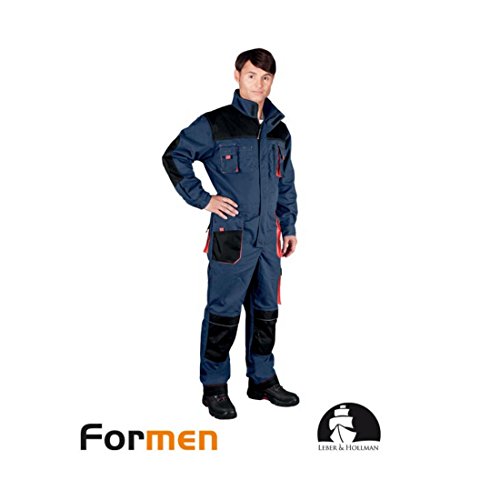 Leber&Hollman Herren Overall LH-FMN-O, 65% Baumwolle, 35% Polyester, 270 g/m2, Hochkragen, 2-Wege-Reißverschluss und Klettverschluss, 14 Taschen, Kniepolstertaschen, Dunkelblau-Schwarz-Rot, 56 von REIS