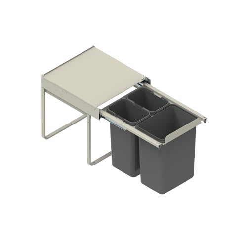 REJS Einbau-Mülleimer für 45 cm Schrank 3-fach Abfallsystem mit Deckel Soft-Close & Vollauszug 1 x 20L + 2 x 9L Frontmontage Silberfarben von REJS