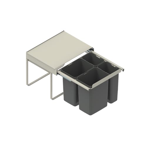 REJS Einbau-Mülleimer für 60 cm Schrank 4-fach Abfallsystem mit Deckel Soft-Close & Vollauszug 2 x 15L + 2 x 7L Frontmontage Silberfarben von REJS