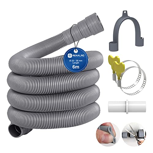 REKALRO Ablaufschlauch Verlängerung, Waschmaschinenschlauch 6m mit Bügel, Abwasserschlauch mit Verbinderl und 2 Schlauchschellen, Ø 20mm Ablaufschlauchverlängerung für Waschmaschine Spülmaschine von REKALRO