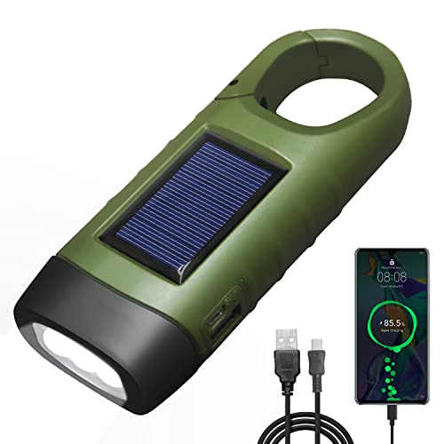 REKALRO LED Taschenlampe USB Aufladbar, Dynamo Taschenlampe für Aufladen Telefon, Kurbeltaschenlampe, Solar Taschenlampe mit Wandern Schnalle, Taschenlampe Kurbel für Notfall/Outdoor/Camping (Grün) von REKALRO