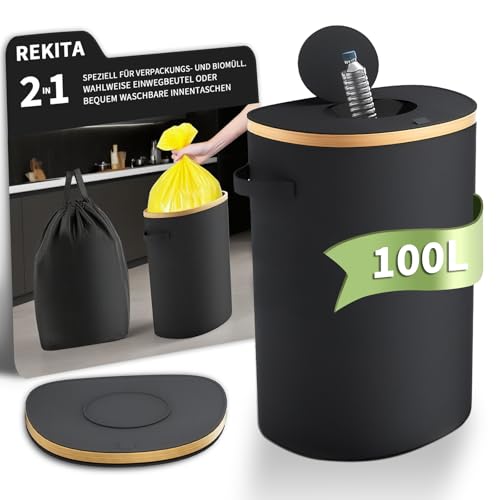 REKITA 100L Pfandflaschen Sammelbehälter mit Einwurfloch-Deckel & Abnehmbarem Innensack, Großraum Flaschensammler für Behälter Leergut & Altglas Aufbewahrung, Küchenmülleimer, Schwarz von REKITA