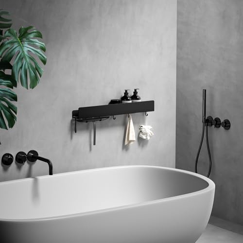 REKITA Duschablage ohne Bohren, Badezimmer Organizer 50 cm, Duschablage Edelstahl mit 5 Abnehmbaren Haken, Shampoo Halterung für Dusche, Hängeregal, Badregal Schwarz von REKITA