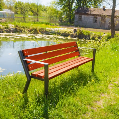 REKORD Gartenbank 185 x 59 x 76 cm Robuste Parkbank aus Metall und Holz mit Rückenlehne wetterfeste Outdoor Sitzbank Bank für Garten Terrasse Balkon Vorgarten – Gladiator Bis - Mahagoni von REKORD