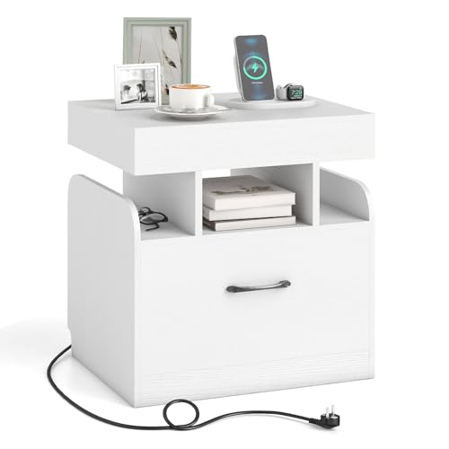 Nachttisch mit Ladestation, Nachtschränkchen mit Schublade & Schiebetür, moderner Beistelltisch mit Tablett & offenen Regalen, Holz Ablagetisch, für Schlafzimmer, Wohnzimmer & Büro (Weiß) von RELAX4LIFE