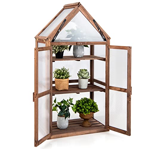 RELAX4LIFE 3 Etage Gewächshaus, Mini Treibhaus aus Tannenholz & Polycarbonat, Frühbeet mit aufklappbarem Dach & 2 Türen & Abnehmbaren Regalen, Pflanzenhaus für Garten Balkon Terrasse von RELAX4LIFE