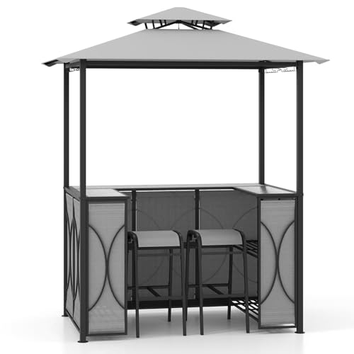 RELAX4LIFE 3-TLG. Gartenbar Set, Bartisch mit 2 Barhockern, Stehtisch mit Regalen, Glashaltern & Haken, Grillpavillon mit Doppeldach, Gartentheke Gartenmöbel (Grau) von RELAX4LIFE