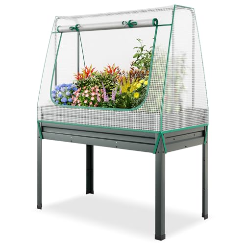 RELAX4LIFE 3 in 1 Hochbeet, Kräuterbeet mit Gewächshaus & Spalier, Gartenbeet aus Metall und PE-Abdeckung, wetterbeständige Gemüsebeet für Kletterpflanzen, Kräuter, Gemüse, 115 x 60 x 150 cm, Grau von RELAX4LIFE
