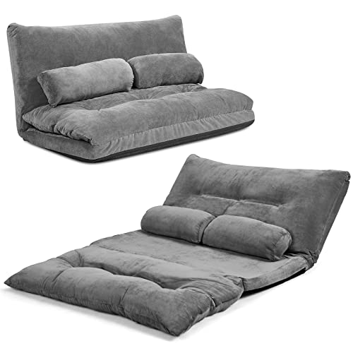 RELAX4LIFE 3 in 1 Schlafsofa Boden, Klappbarer Schlafsessel mit Bettfunktion, Schlafcouch mit Verstellbarer Rückenlehne & 2 Kissen, Bodensofa für Wohnzimmer, Schlafzimmer & Gästezimmer (Grau) von RELAX4LIFE