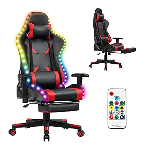 RELAX4LIFE 360° drehbarer Gaming Stuhl, Racingstuhl 358 LED-Lichtmodi, Bürostuhl mit Verstellbarer Armlehne & Rückenlehne & Fußstütze, PC Stuhl mit Lordosenstütze & Kopfstütze & Fernbedienung (Rot) von RELAX4LIFE