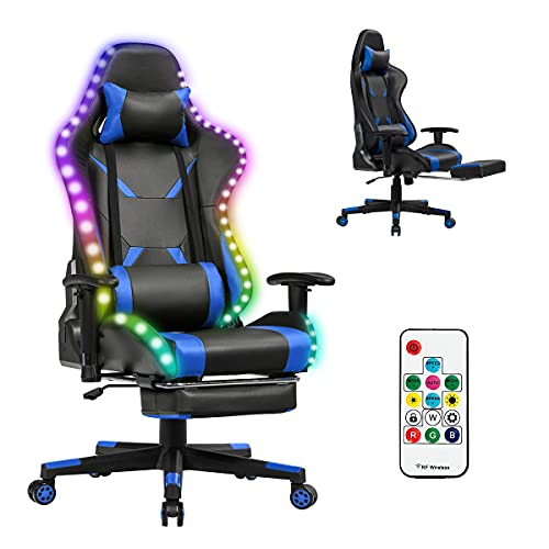 RELAX4LIFE 360° drehbarer Gaming Stuhl, Racingstuhl 358 LED-Lichtmodi, Bürostuhl mit Verstellbarer Armlehne & Rückenlehne & Fußstütze, PC Stuhl mit Lordosenstütze & Kopfstütze & Fernbedienung (Blau) von RELAX4LIFE
