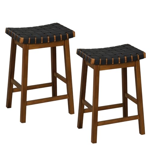 RELAX4LIFE Barhocker 2er Set, Hocker mit PU-Ledergewebesitz & Holzrahmen, Küchenstuhl mit Fußstütze & Rutschfesten Fußpads, Sitzhöhe 65cm, Sattelbarhocker für Esszimmer Café, Braun+Schwarz von RELAX4LIFE