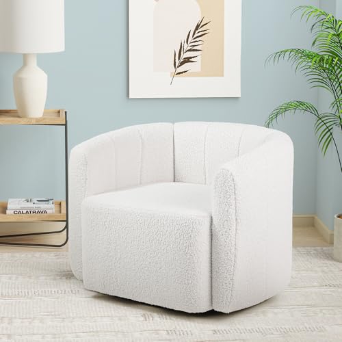 RELAX4LIFE Barrel-Stuhl gepolstert, Akzentstuhl mit Armlehnen & 360° Schwenk-Metallbasis, Relaxsessel in Kürbis-Form, bis zu 160 kg belastbar, Einzelsofa für Wohnzimmer Schlafzimmer Kinderzimmer, Weiß von RELAX4LIFE