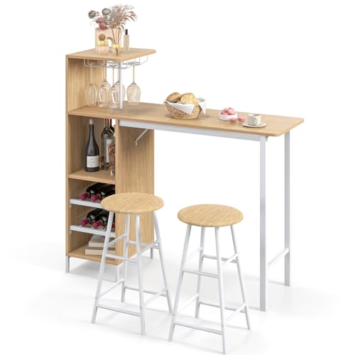 RELAX4LIFE Bartisch Set 3-Teilig, Esstisch mit 2 Barhockern, Thekentisch mit 3 Ablagen & 2-stufigem Weinregal & Glashalter, Bistrotisch Set mit Metallgestell, Essgruppe für 2 Personen (Natur) von RELAX4LIFE
