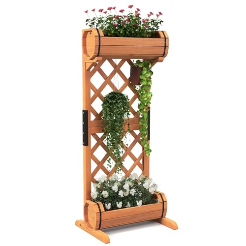 RELAX4LIFE Blumenkasten mit Rankgitter, 2 Stufiger Pflanzkasten mit Spalier, Rankkasten Holz, 2 Etagen Blumenkübel & Gartenspalier, für Kletterpflanzen Blumen Gemüse, 45,5x36x113cm von RELAX4LIFE